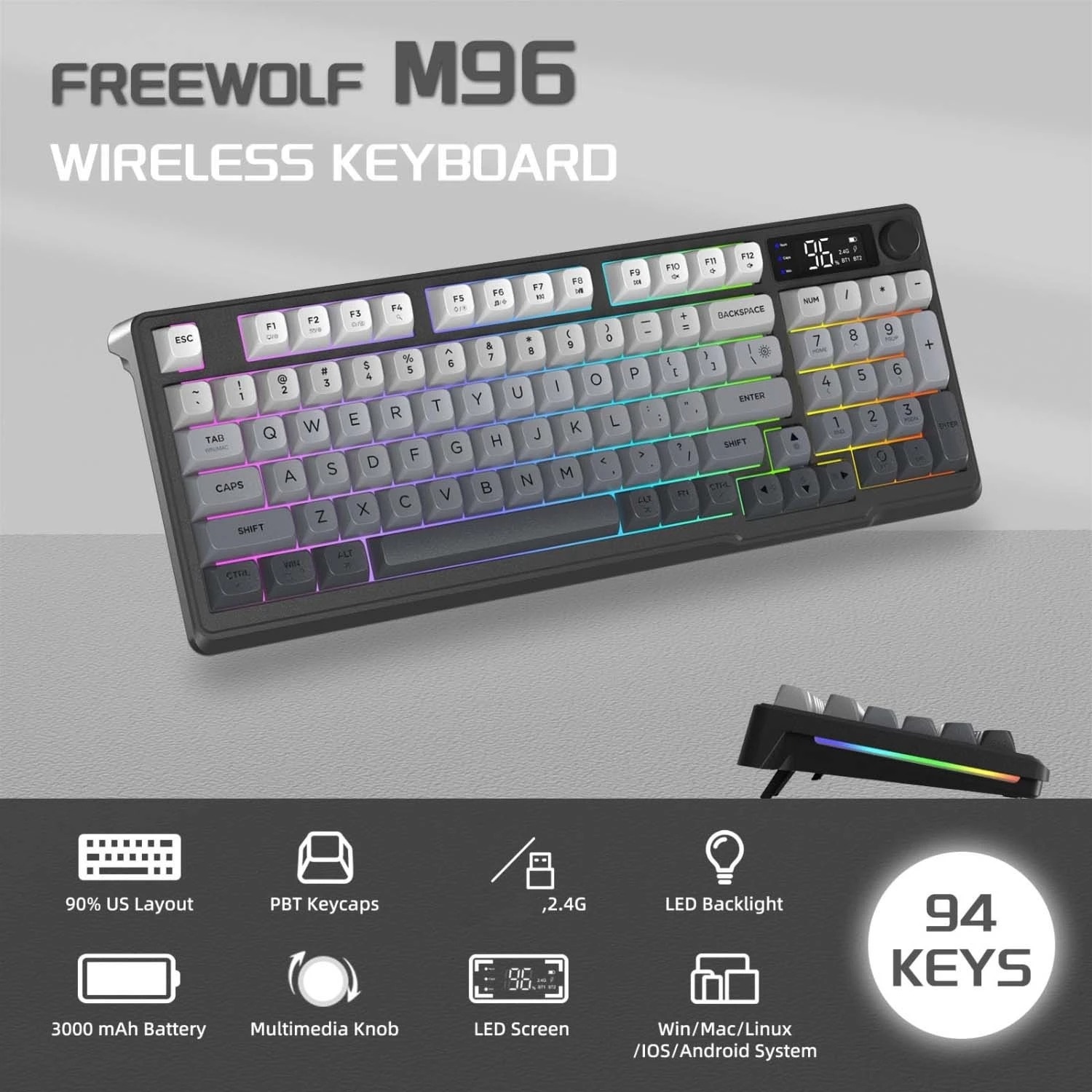 Gaming Keyboard 2026 - FREEWOLF M96 Wireless Keyboard Knob Control